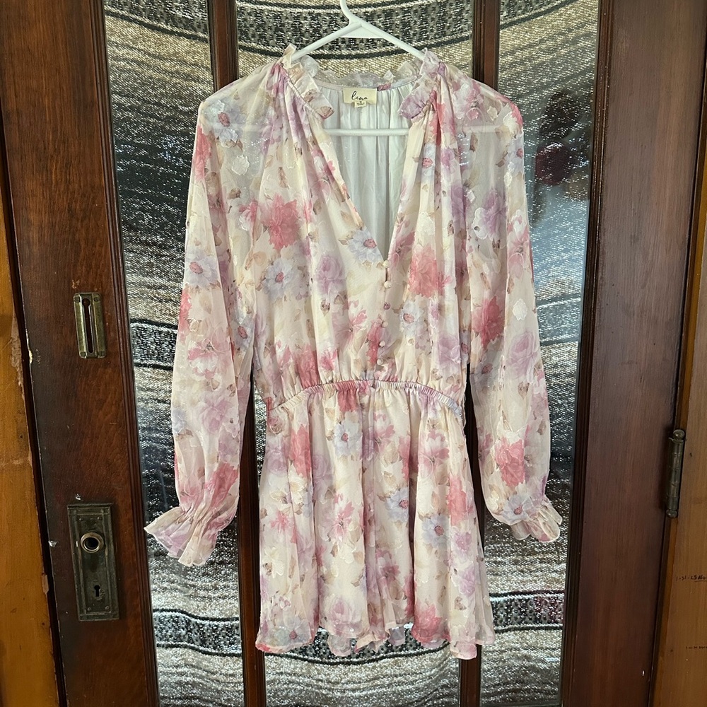 Womens Romper‎ Lena S Blush Pink White Floral Sheer Sleeve Balletcore Coquette